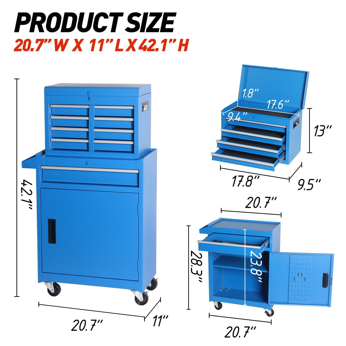 Tool Chest, 5 Drawer Rolling Tool Storage Cabinet With Detachable Top Tool Box, Liner, Universal Lockable Wheels, Adjustable Shelf, Locking Mechanism, Metal Tool Cart For Garage Workshop Daily Nest