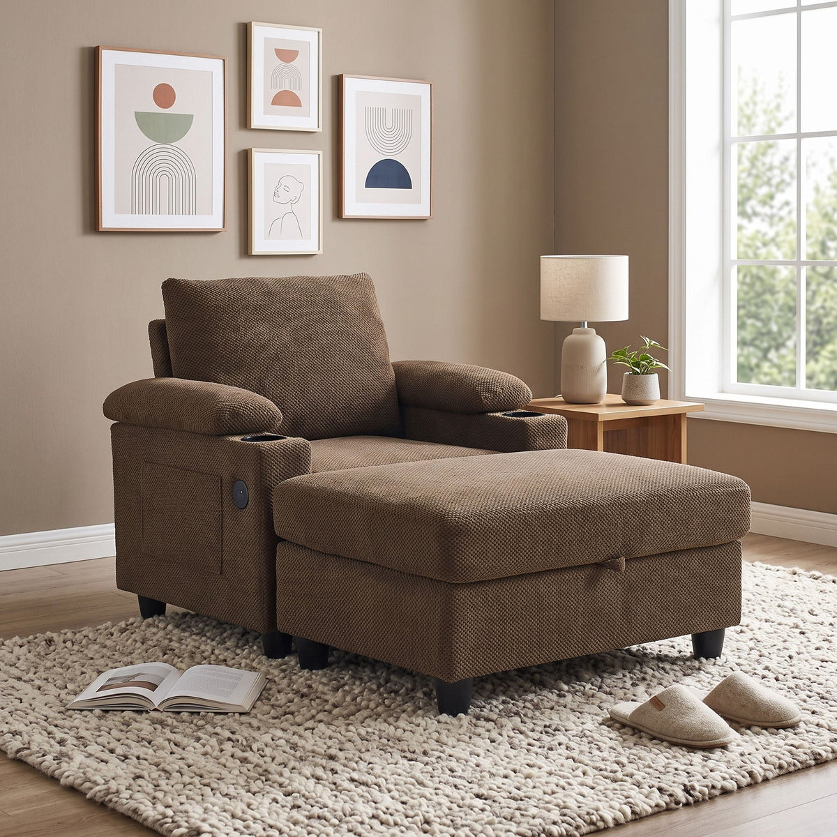 Accent Chair With Storage Ottoman, Reclining Single Chaise Lounge With Cupholders And USB, C Ports Home Essentials