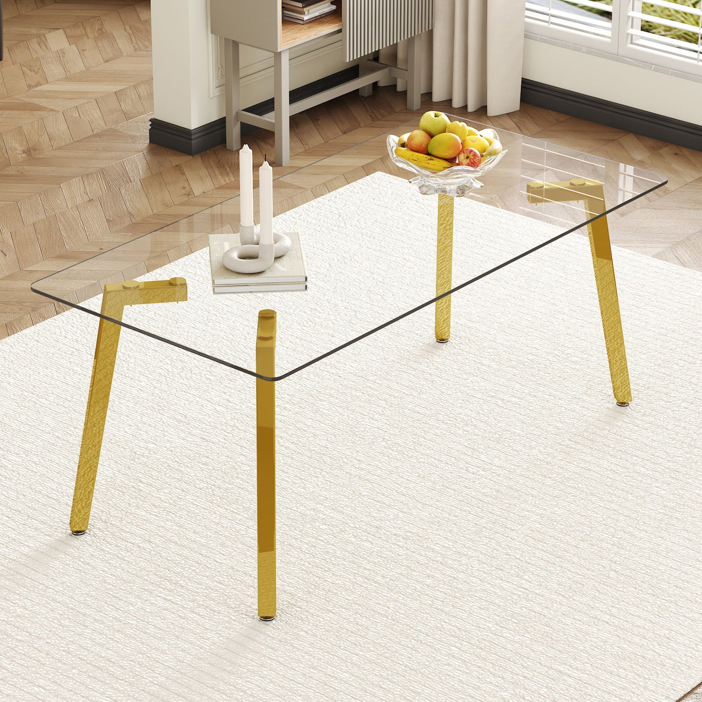 Minimalist Rectangular Dining Table With Transparent Glass Top And Metal Legs Home Essentials