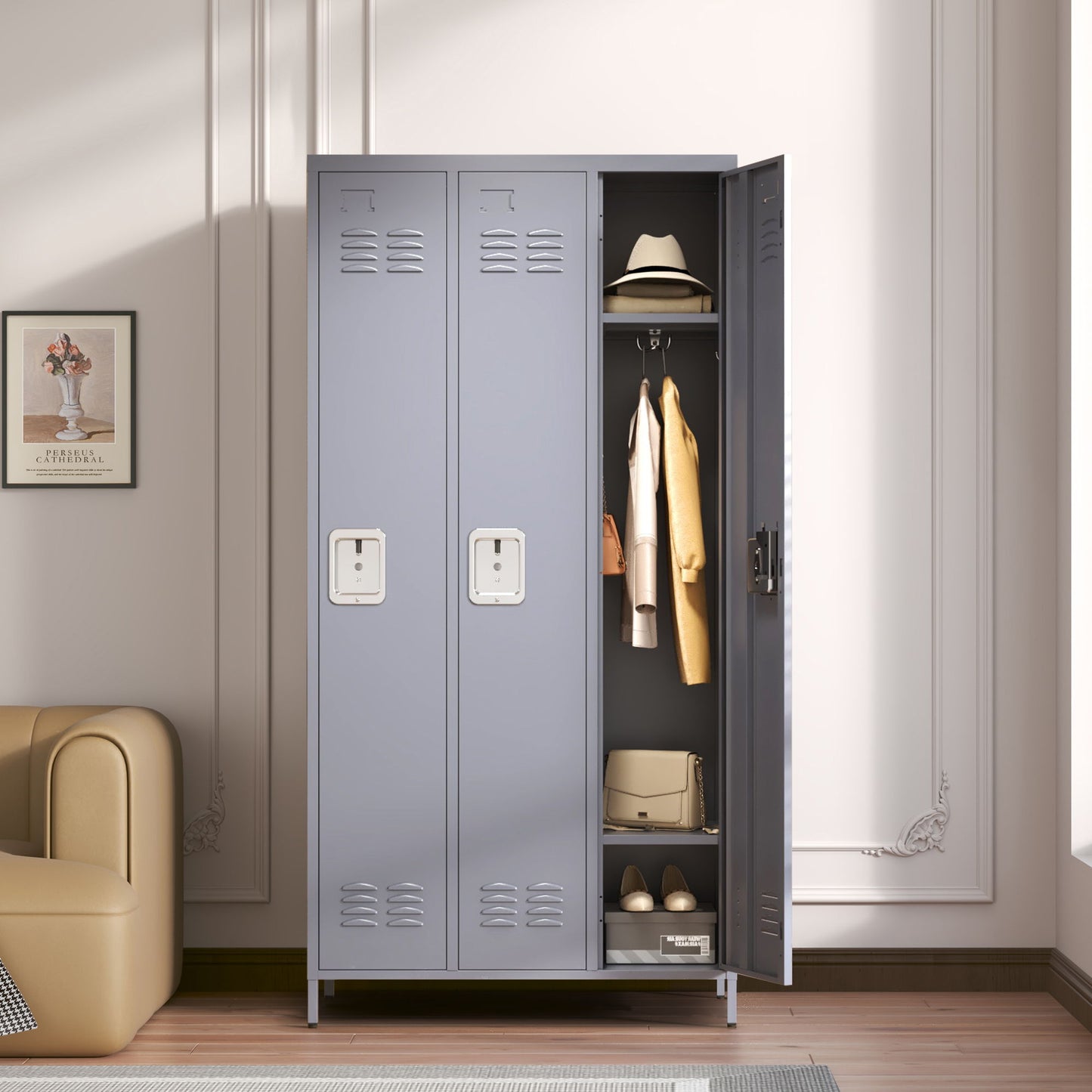 3 Door Lockers With Lock For Home, Gym, Office, School, And Garage - Gray Home Essentials