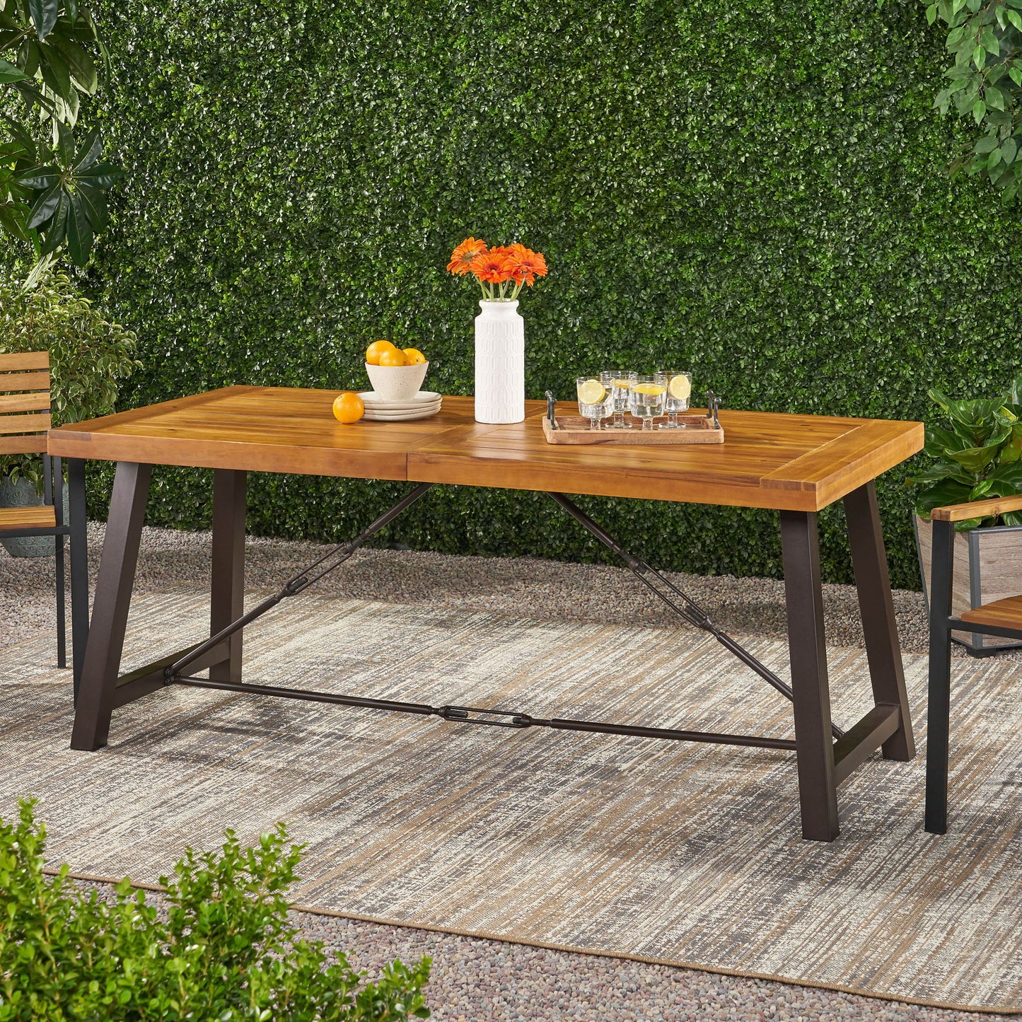 Outdoor Dining Table With Slat Wooden Panel And Turnbuckle Accents - Teak Noble House