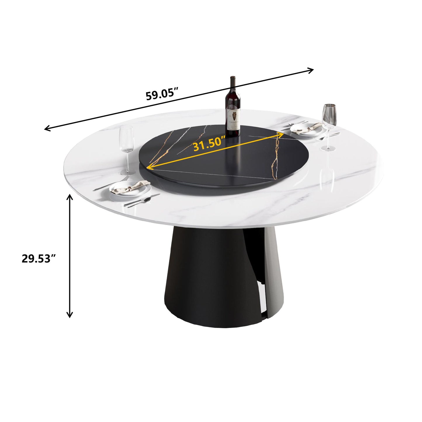 Modern Artificial Stone Round Carbon Steel Base Dining Table, Can Accommodate 6 People, Black Artificial Stone Turntable Home Essentials