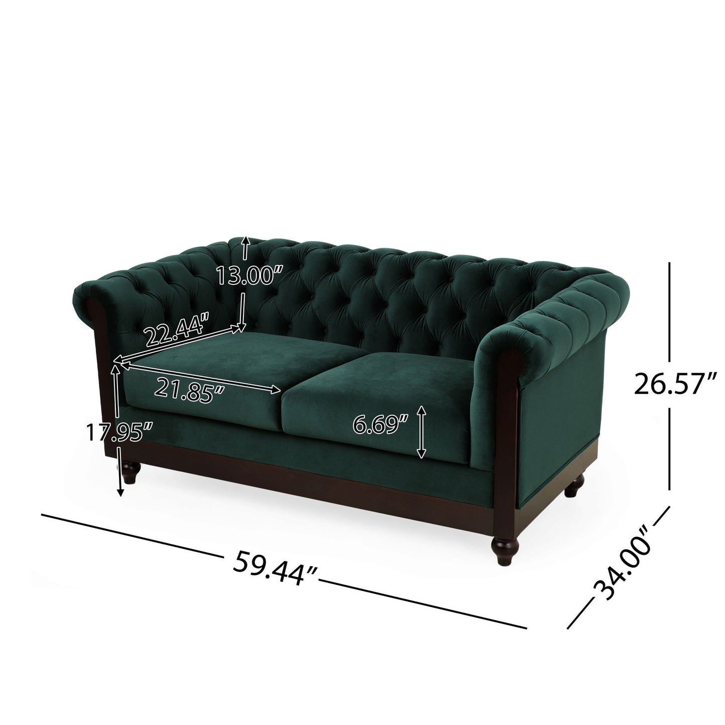 Chesterfield Velvet Loveseat Sofa, 2 Person Rolled Arm Upholstered Couch Noble House