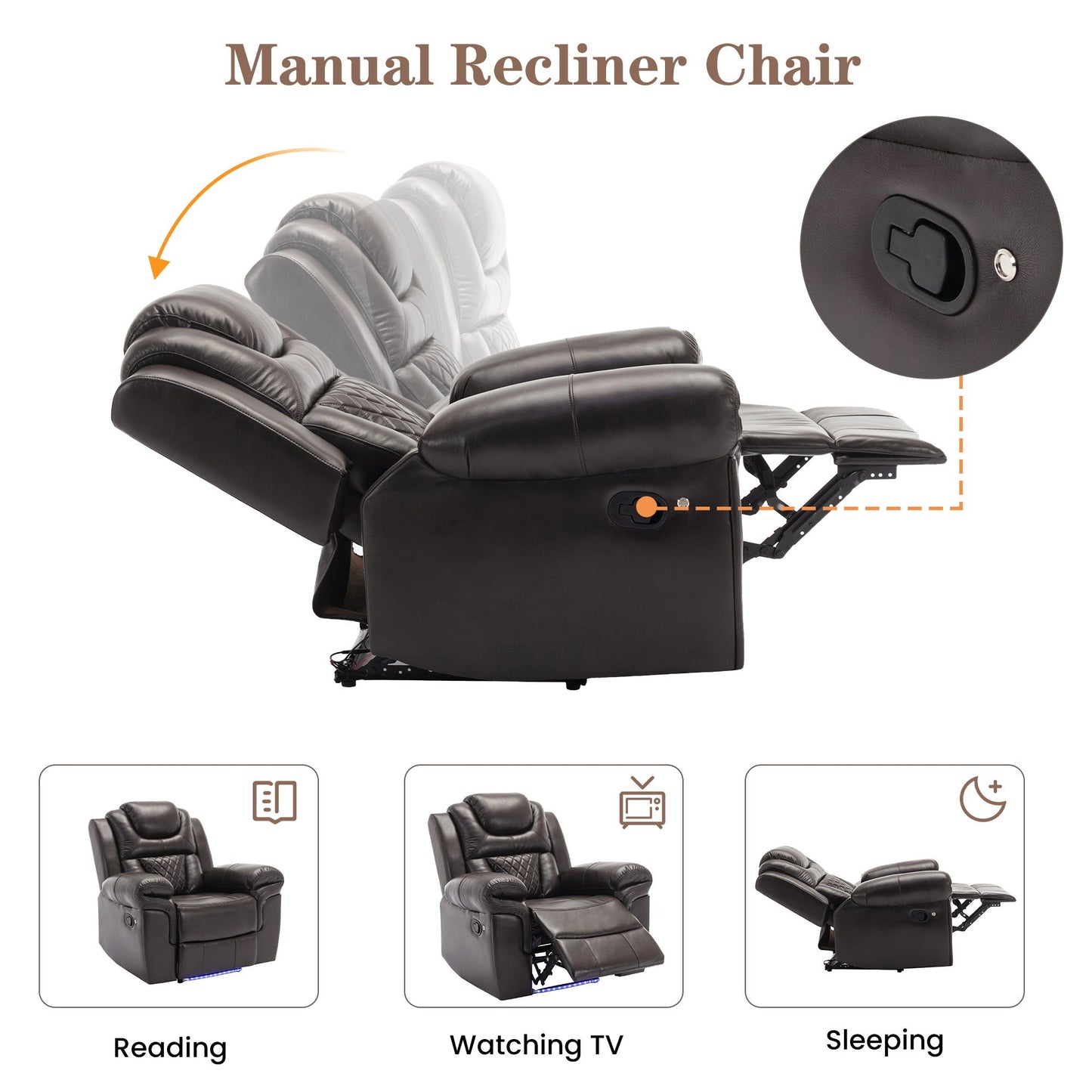 Home Theater Seating Manual Recliner Chair With Center Console And Led Light Strip For Living Room Hearth and Haven