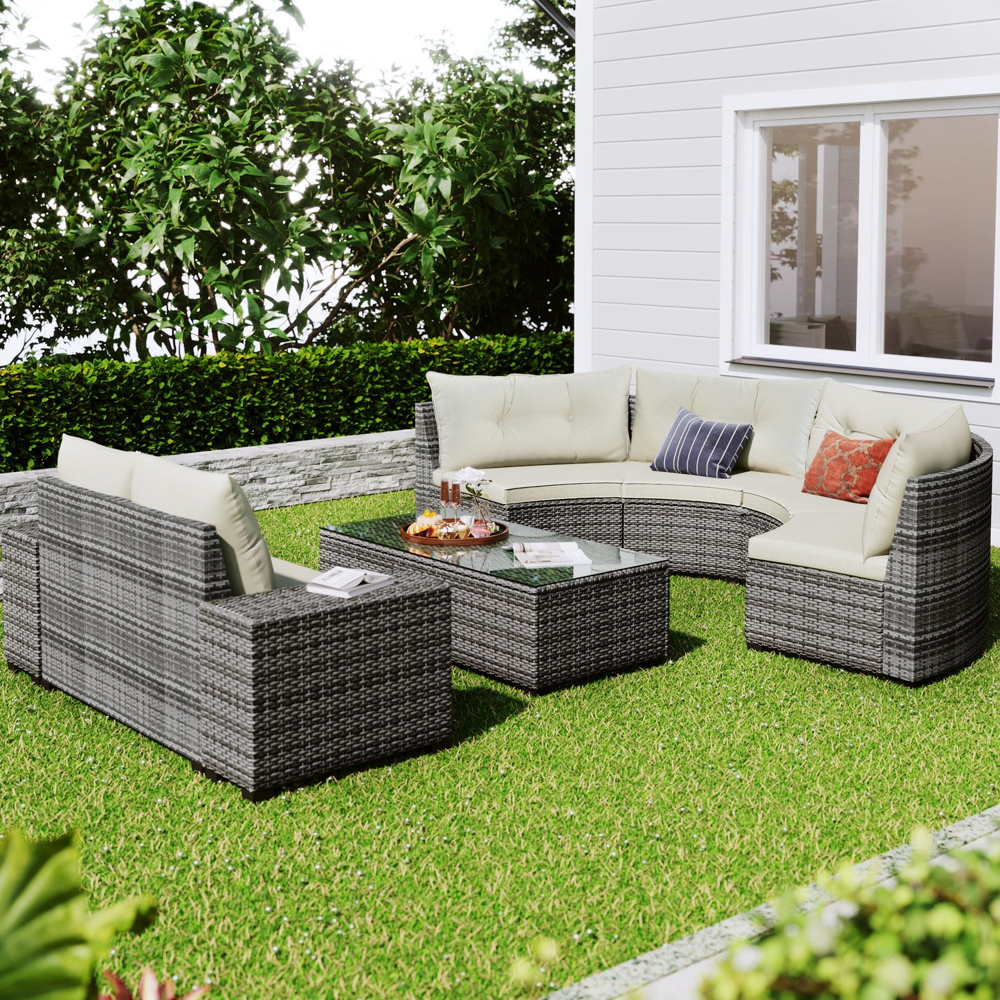 8 Pieces Outdoor Wicker Round Sofa Set, Half-Moon Sectional Sets All Weather, Curved Sofa Set With Rectangular Coffee Table, PE Rattan Water-Resistant And UV Protected, Movable Cushion Hearth and Haven