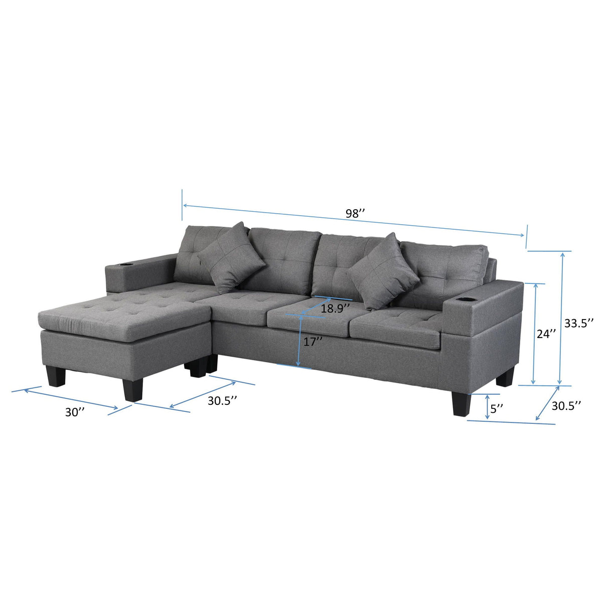 Modern Sectional Sofa Set With L Shape Chaise Lounge, Cup Holder, 4 Seat - Gray Home Essentials