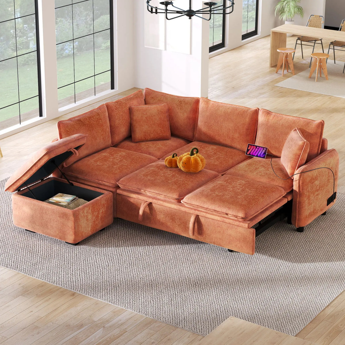 Convertible Sofa Bed Sectional Sofa Sleeper L-Shaped Sofa With A Storage Ottoman, Two Pillows, Two Power Sockets And Two USB Ports For Living Room Hearth and Haven