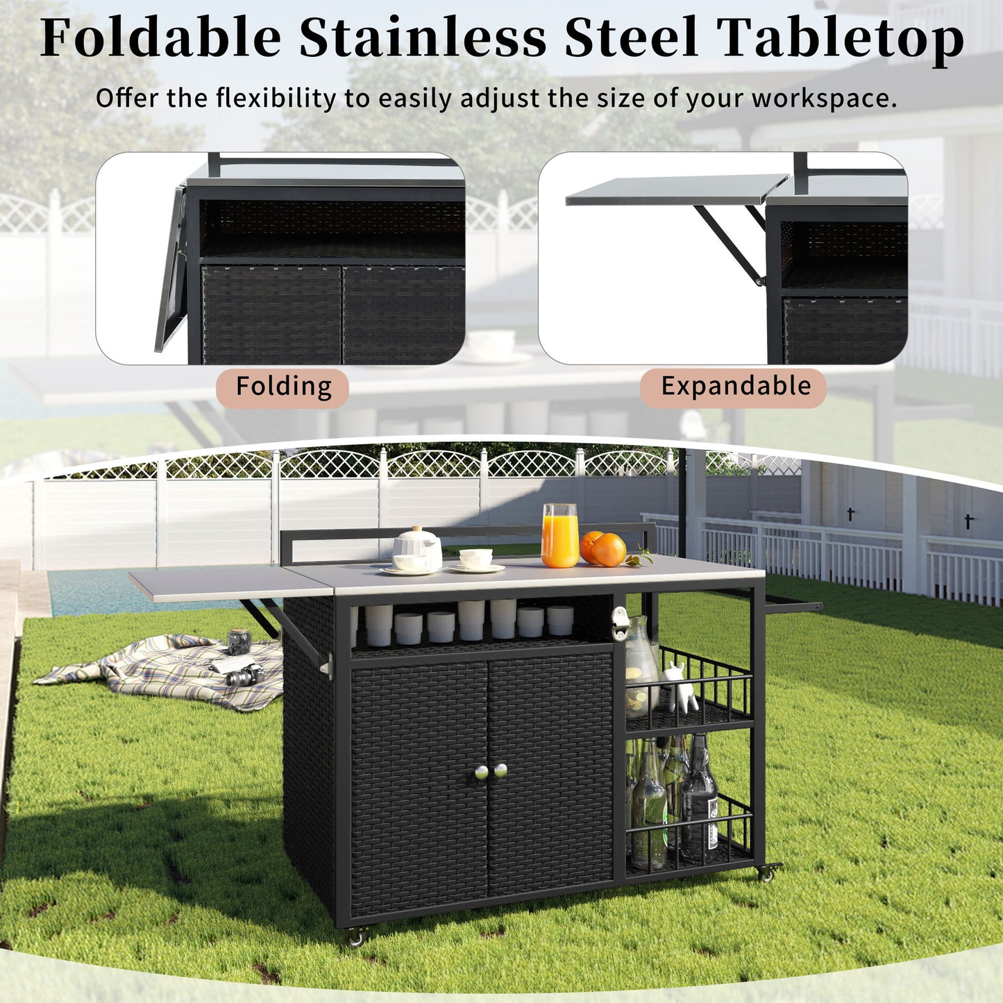 Outdoor Kitchen Island With Storage, Cooking Station, Grill Cart, Foldable Tabletop, And Bottle Opener - Dark Brown Hearth and Haven
