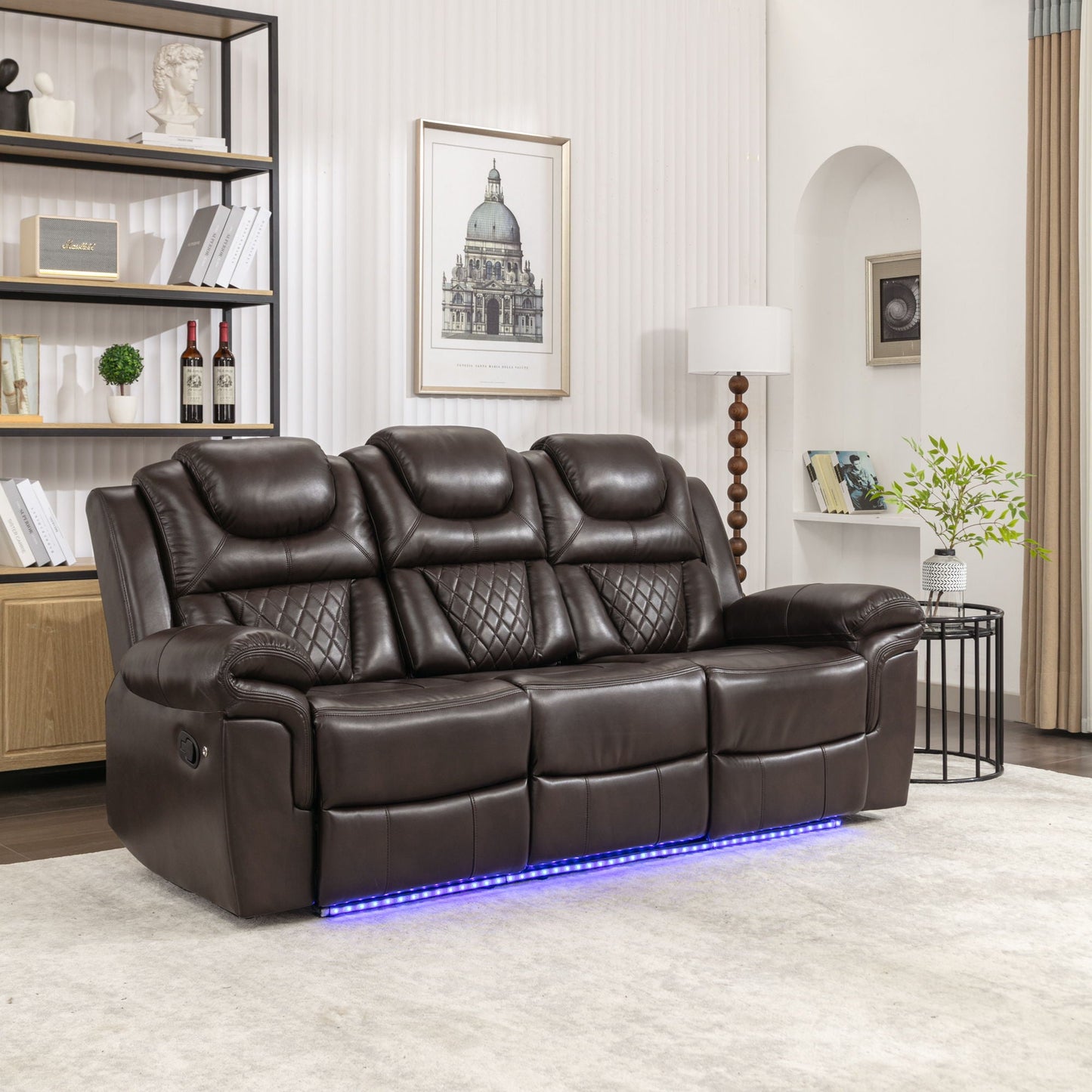Home Theater Seating Manual Recliner Chair With Center Console And Led Light Strip For Living Room Hearth and Haven