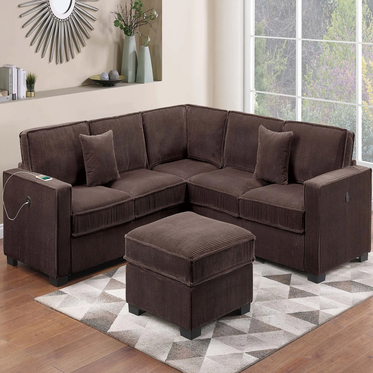 4 Piece Sectional Set With USB Ports, Left Arm Facing / Right Arm Facing Loveseat, Corner Wedge, Cocktail Ottoman, 2 Pillows - Chocolate Home Essentials