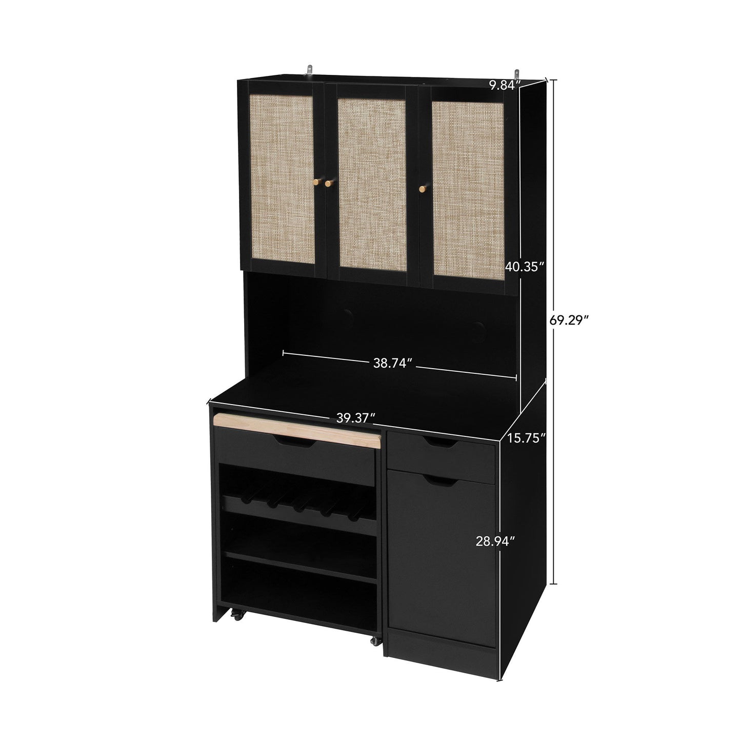 Kitchen Pantry Storage Cabinet, Modern Buffet Cabinet With Kitchen Cart, Tall Kitchen Hutch Cabinet With Microwave Stand, Food Pantry Cabinet With 3 Rattan Doors And Adjustable Shelves - Black Home Essentials