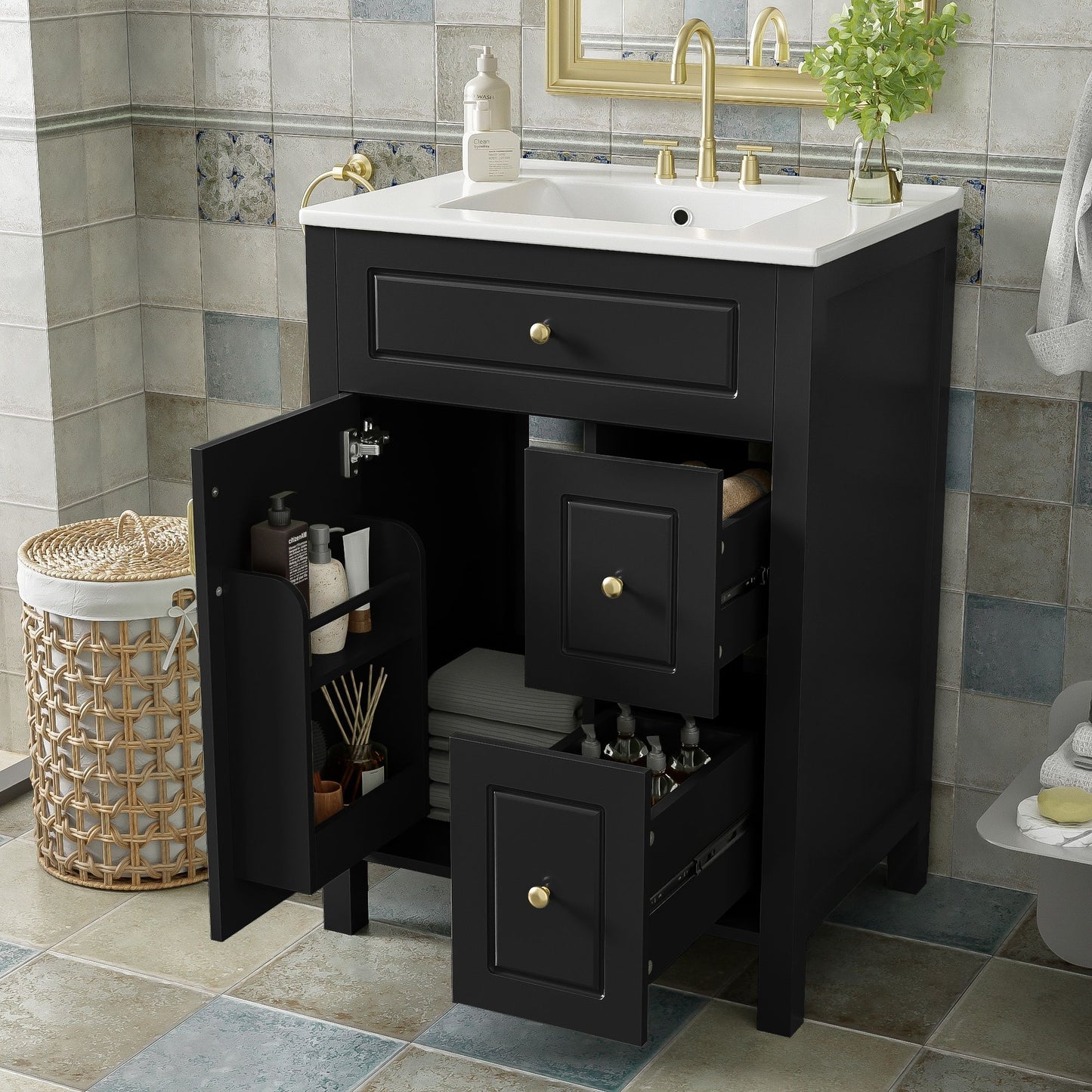 Elegant Bathroom Vanity With Ceramic Sink, Soft Close Doors And Drawers, Double Storage Racks Hearth and Haven