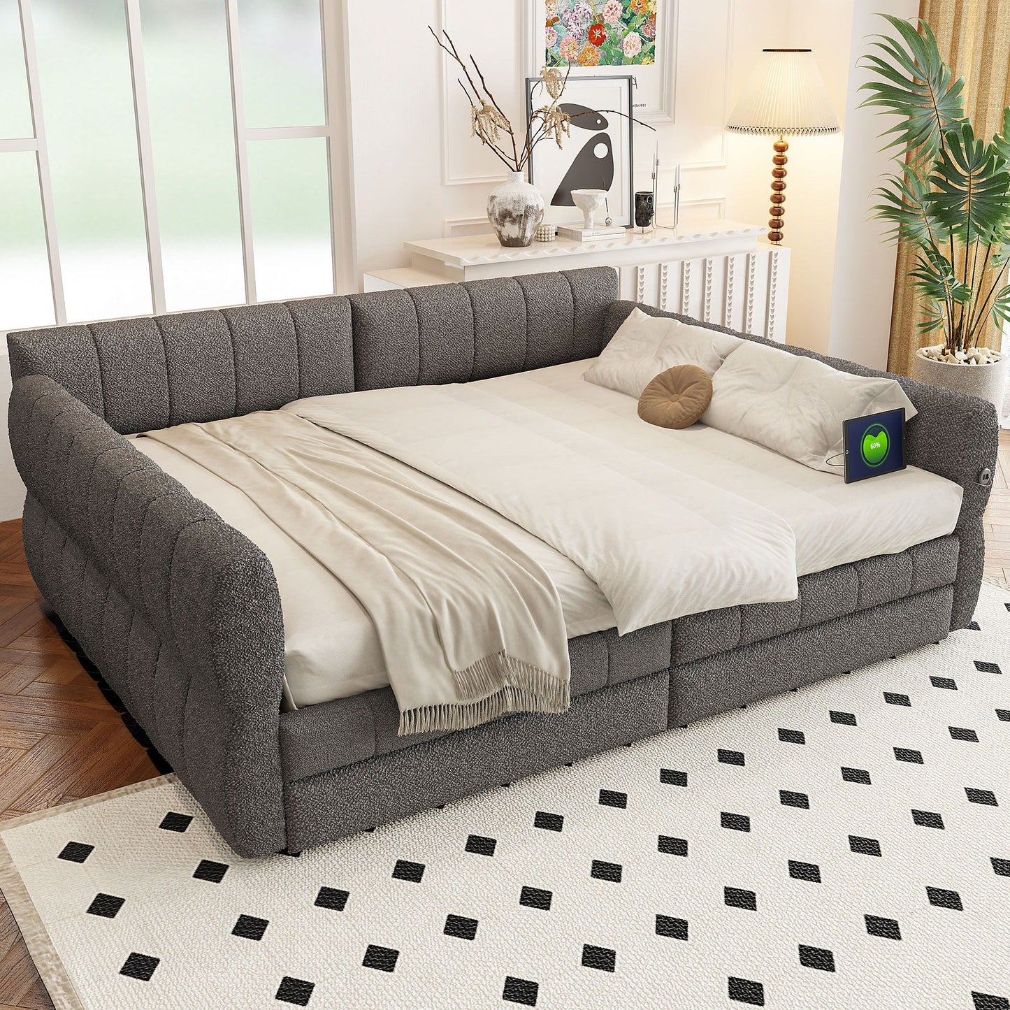 Upholstered Platform Bed With USB And 2 Drawers Dreamland