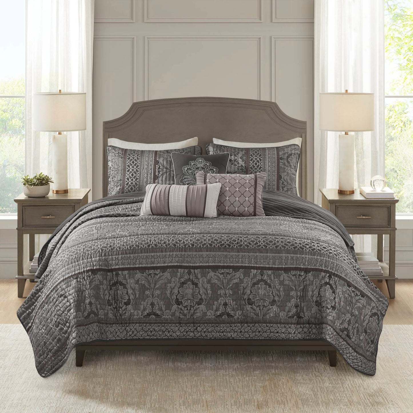 Bellagio - 6 Piece King/California King Quilt Set With Throw Pillows - Gray Madison Park