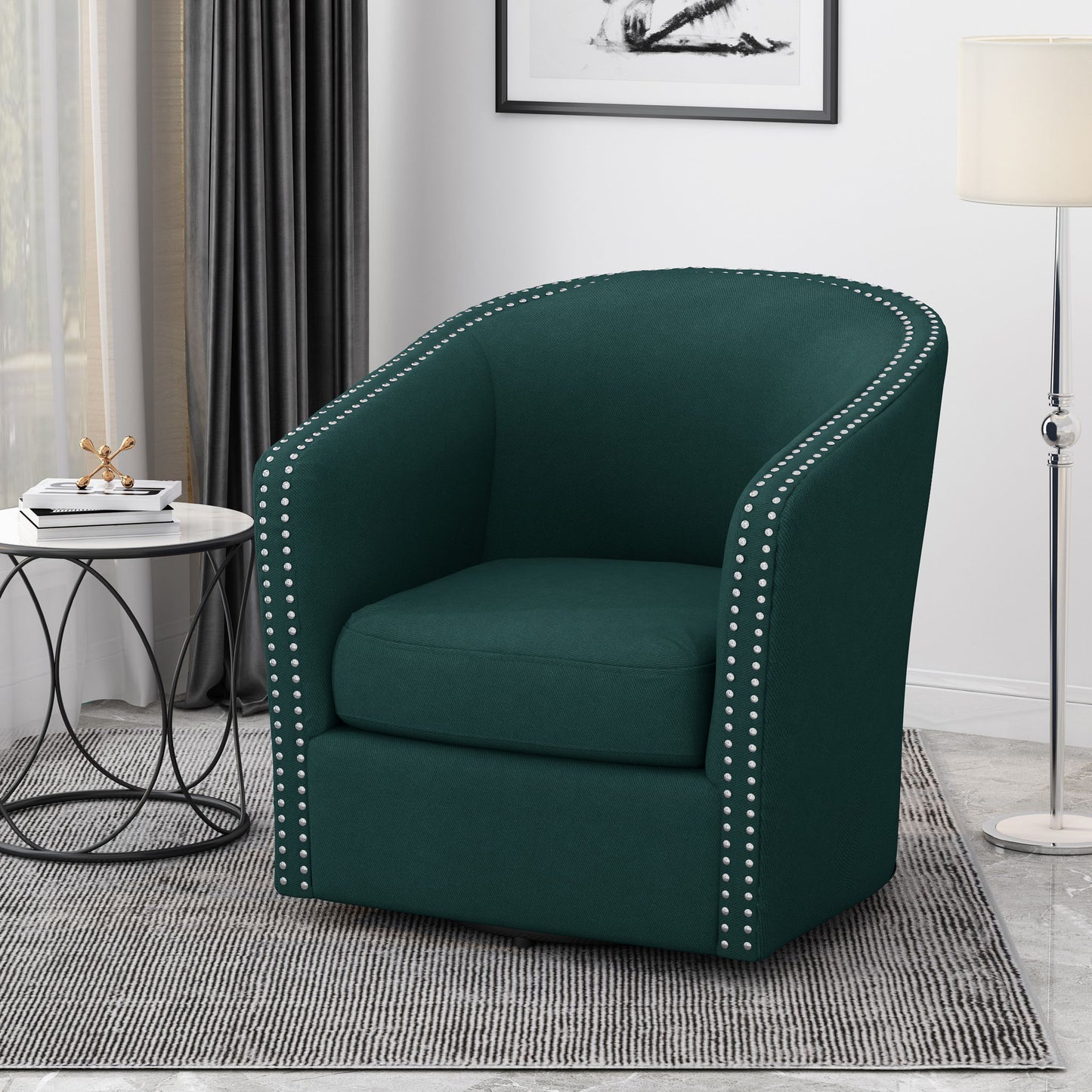 Modern Upholstered Swivel Club Chair With Nailhead Trim Noble House