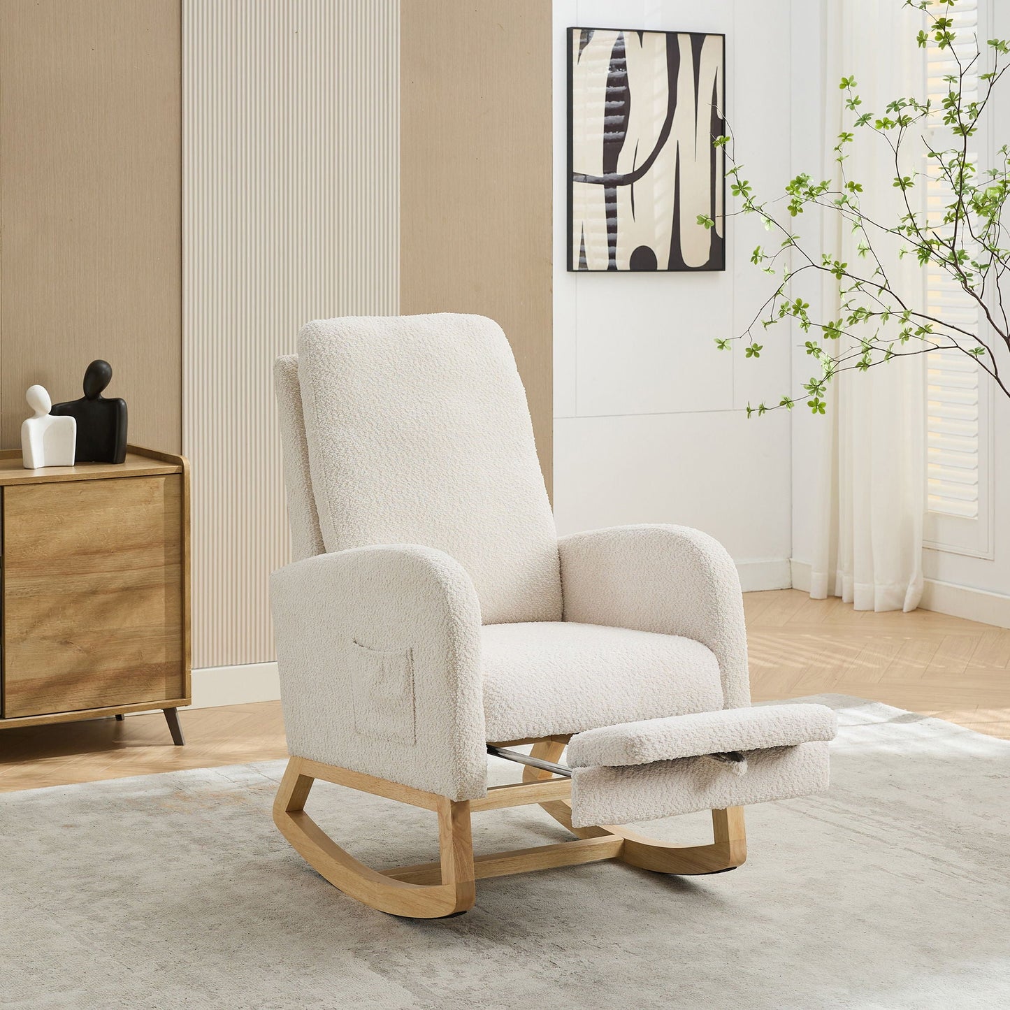 High Back Glider Rocking Chair With Retractable Footrest And Rubber Wood Legs Home Essentials