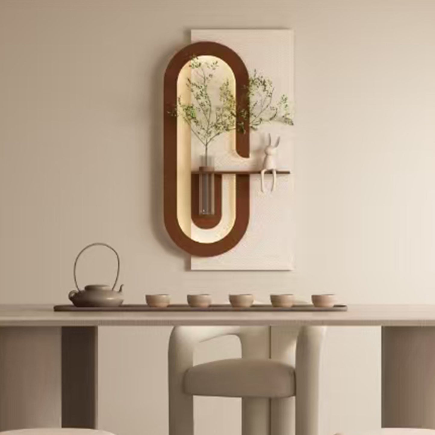 Adjustable LED Sandstone Wall Decor With Simulated Plants 3D Art Sculpture, Glass Vase & Rabbit Statue, Remote Control - Light Coffee Daily Nest