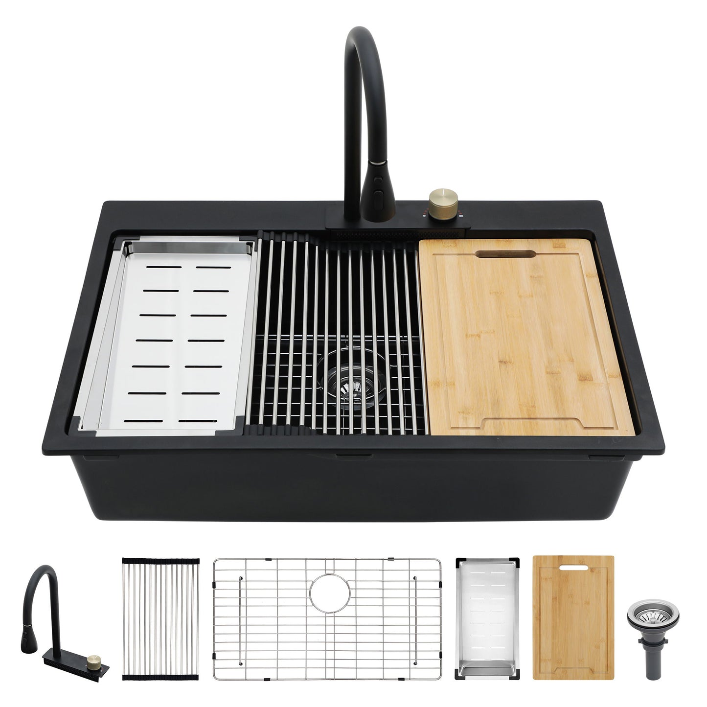 Waterfall Kitchen Sink With Pull Out Faucet & Cup Washer Daily Nest