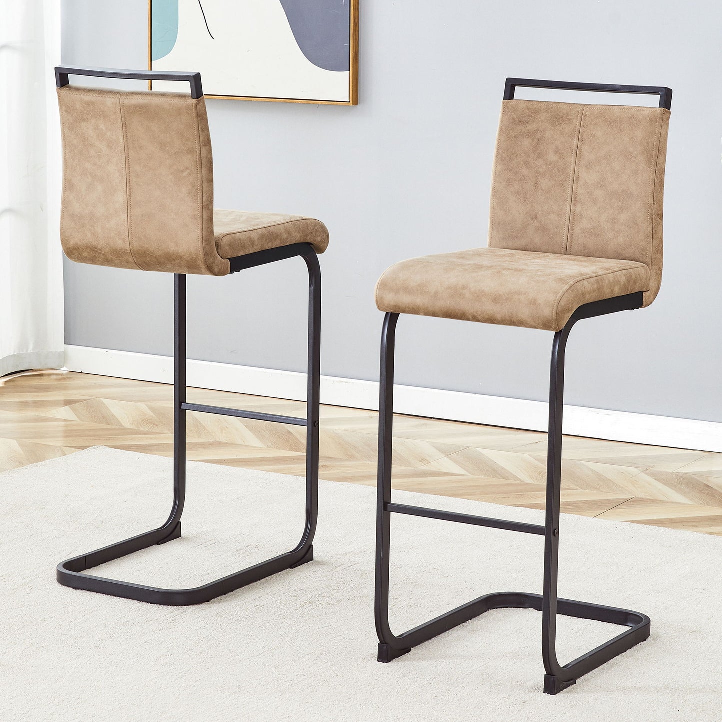Modern Tech Fabric Bar Stool (Set of 2) With Metal Legs 42.5" Tall For Home Bar & Restaurant - Black / Brown Home Essentials