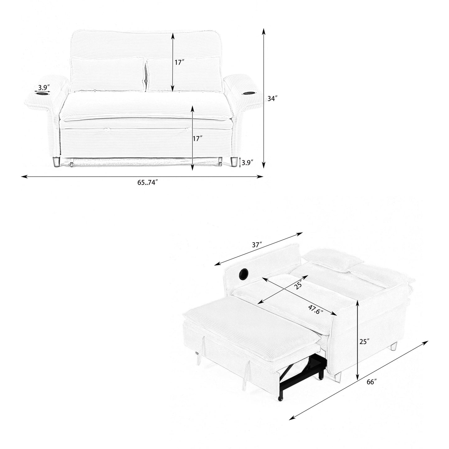 Modern Fabric Multi-Functional Sofa Bed With Adjustable Armrests And Backrests Home Essentials