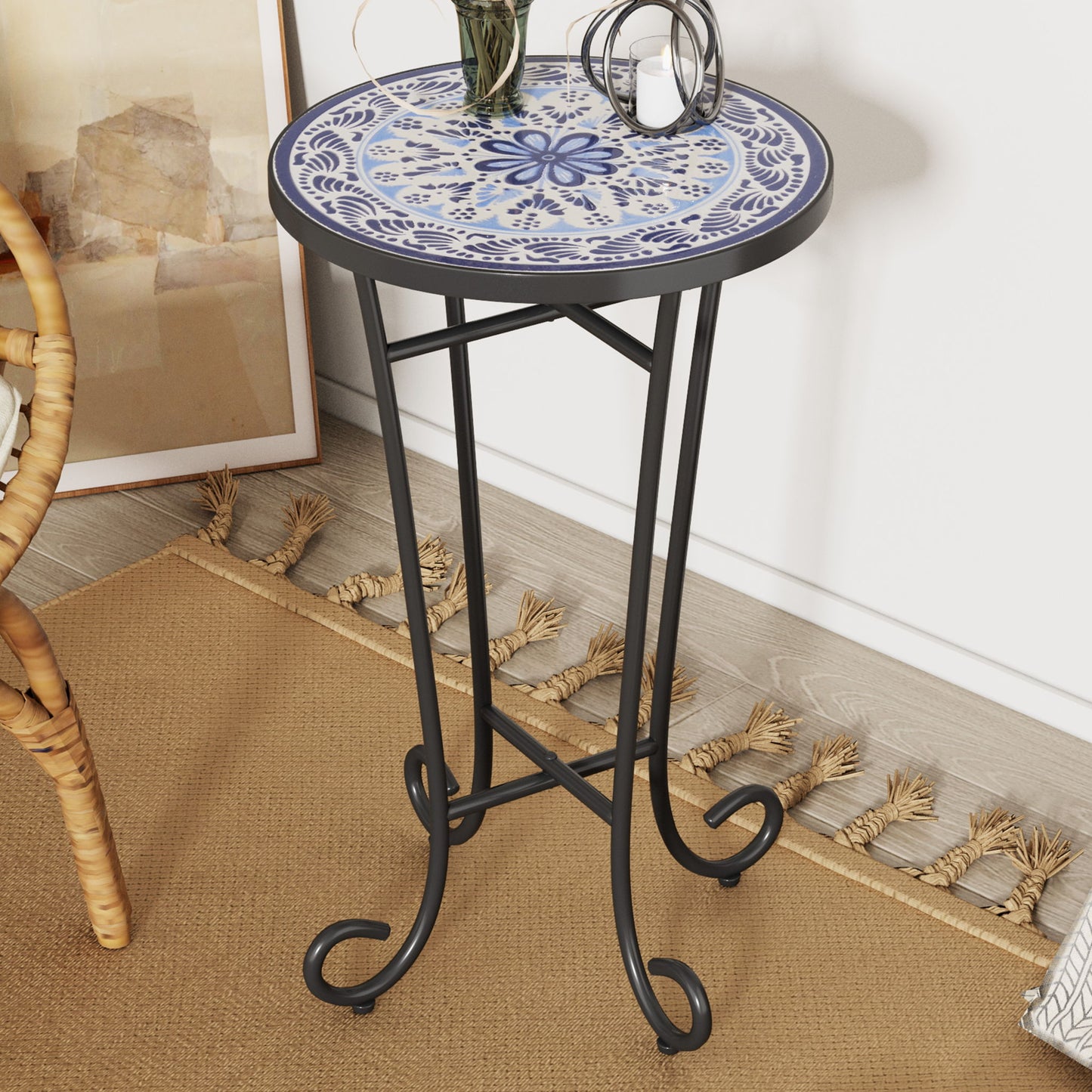 French Country Patio Side Table With Vibrant Tile Top Noble House