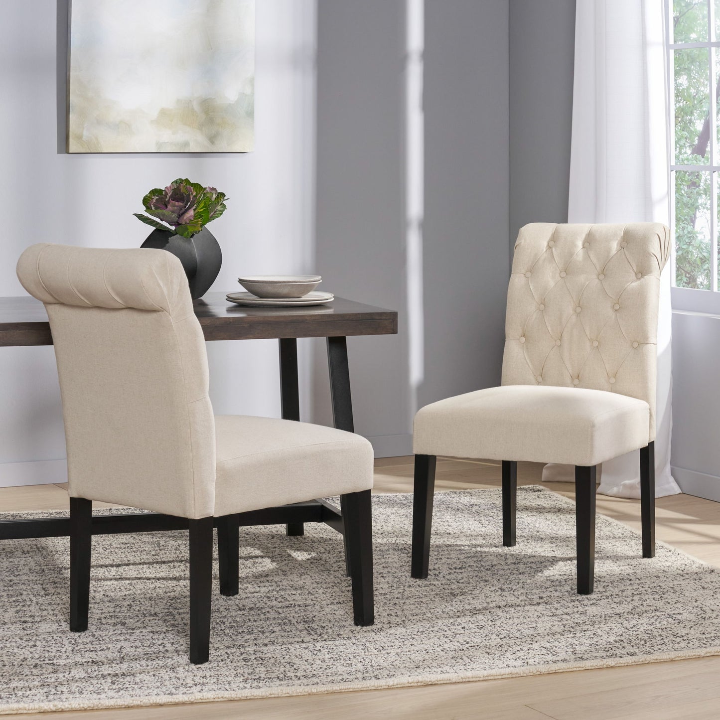 Dining Rolltop Chairs (Set of 2), Upholstered Armless Chair With Wood Leg - Ivory Noble House