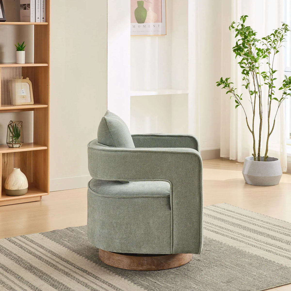 Swivel Accent Open Back Barrel Chair With Weathered Base Home Essentials