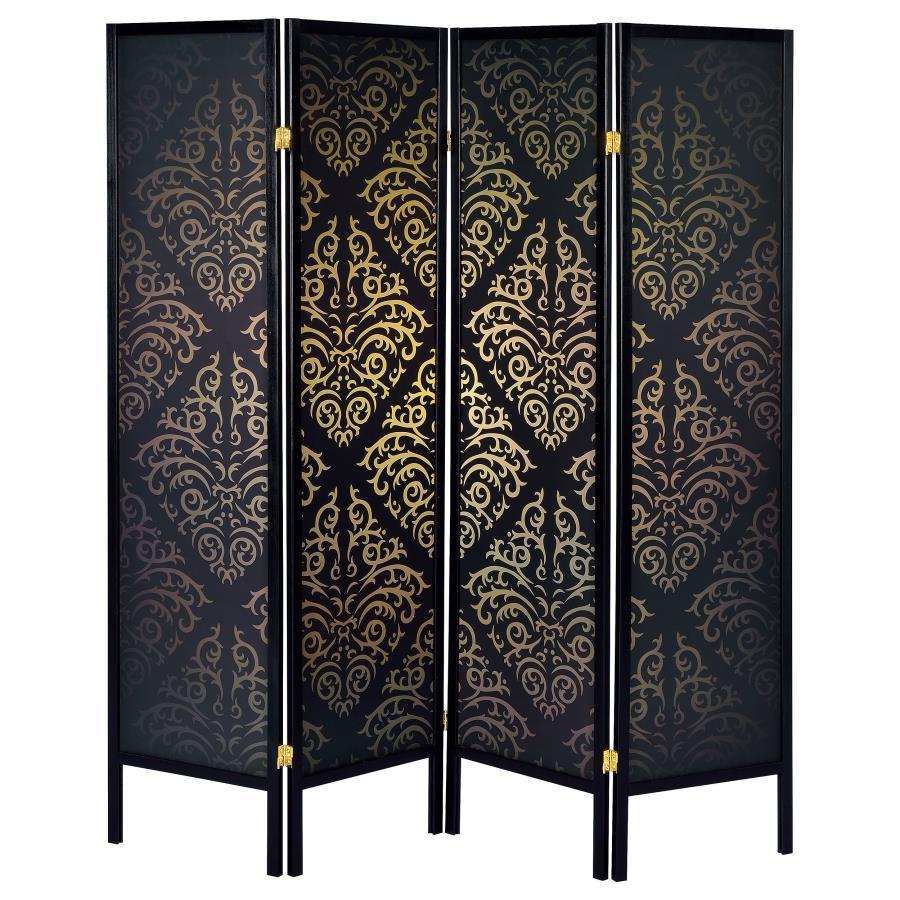 Haidera - 4-Panel Room Divider Folding Screen - Black Damask CoasterEveryday