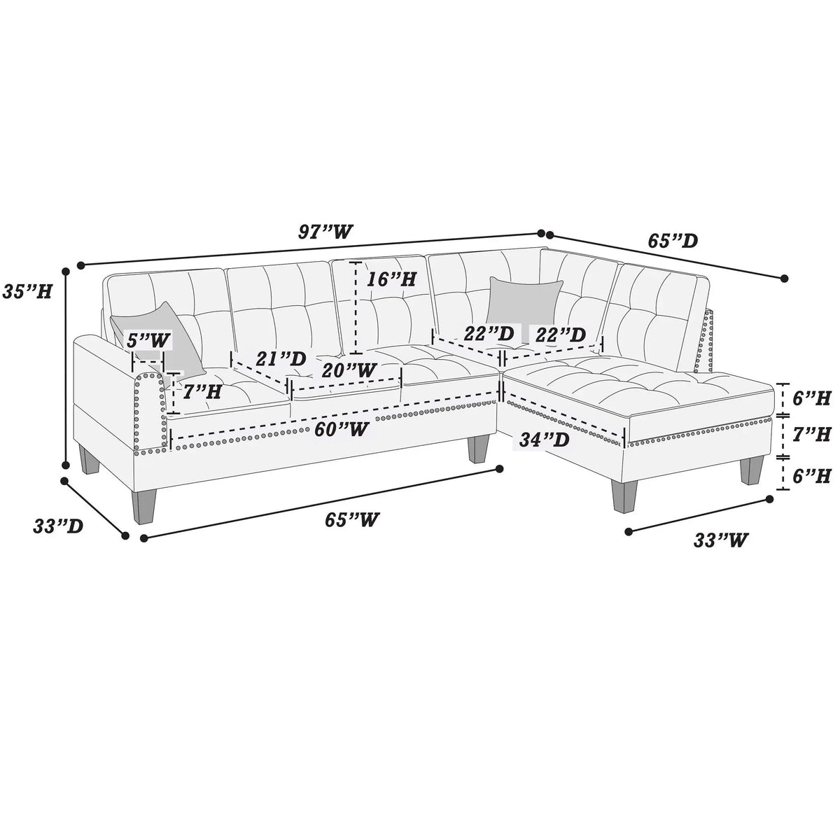 2 Piece Sectional Set With Nailhead Trim, Sofa And Matching Accent Pillows - Charcoal Home Essentials