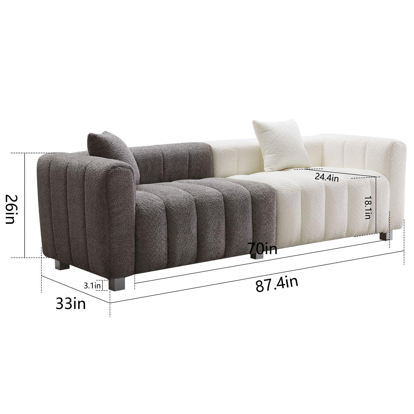 3 Seater Sofa With Metal Base Legs And 2 Pillows In +, 87.4" Premium Couch For Living Room - White / Gray Home Essentials