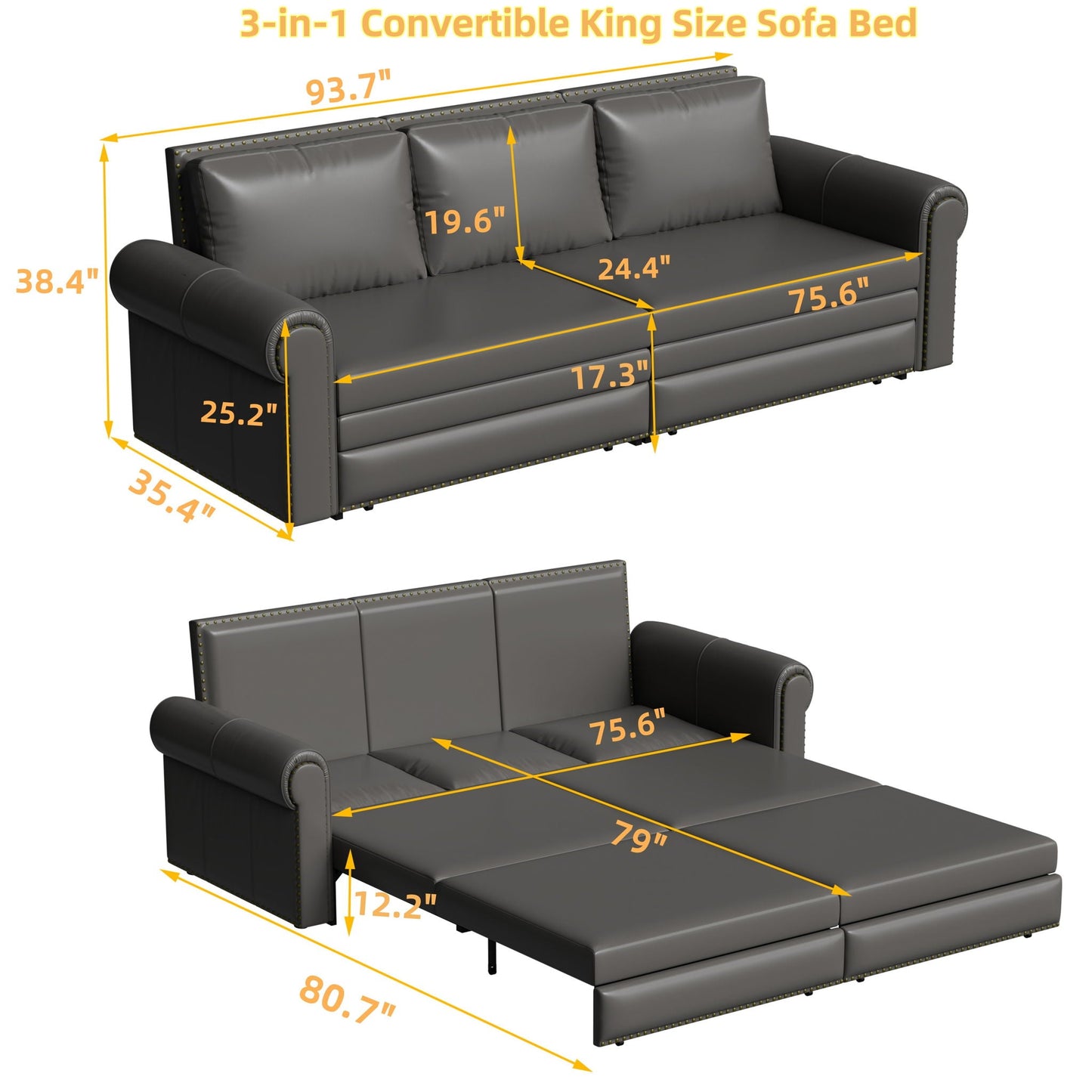 3 In 1 Convertible Sleeper Sofa With Nailhead Trim & Rolled Arm Home Essentials