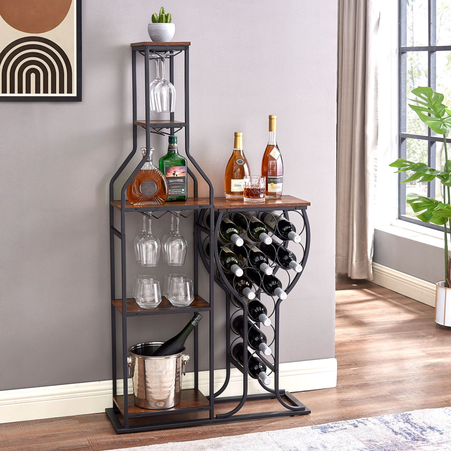 11 Bottle Wine Bakers Rack, 5 Tier Freestanding Wine Rack With Hanging Wine Glass Holder And Storage Shelves, Wine Storage Home Bar For Liquor And Wine Storage for Kitchen, Dining Room Home Essentials