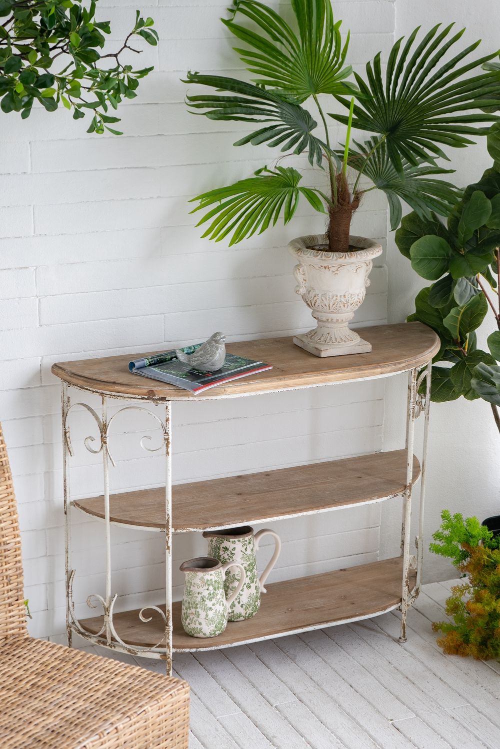 3 Tiered Wooden Shelving Unit With Ornate Iron Frame - Multicolor Home Essentials