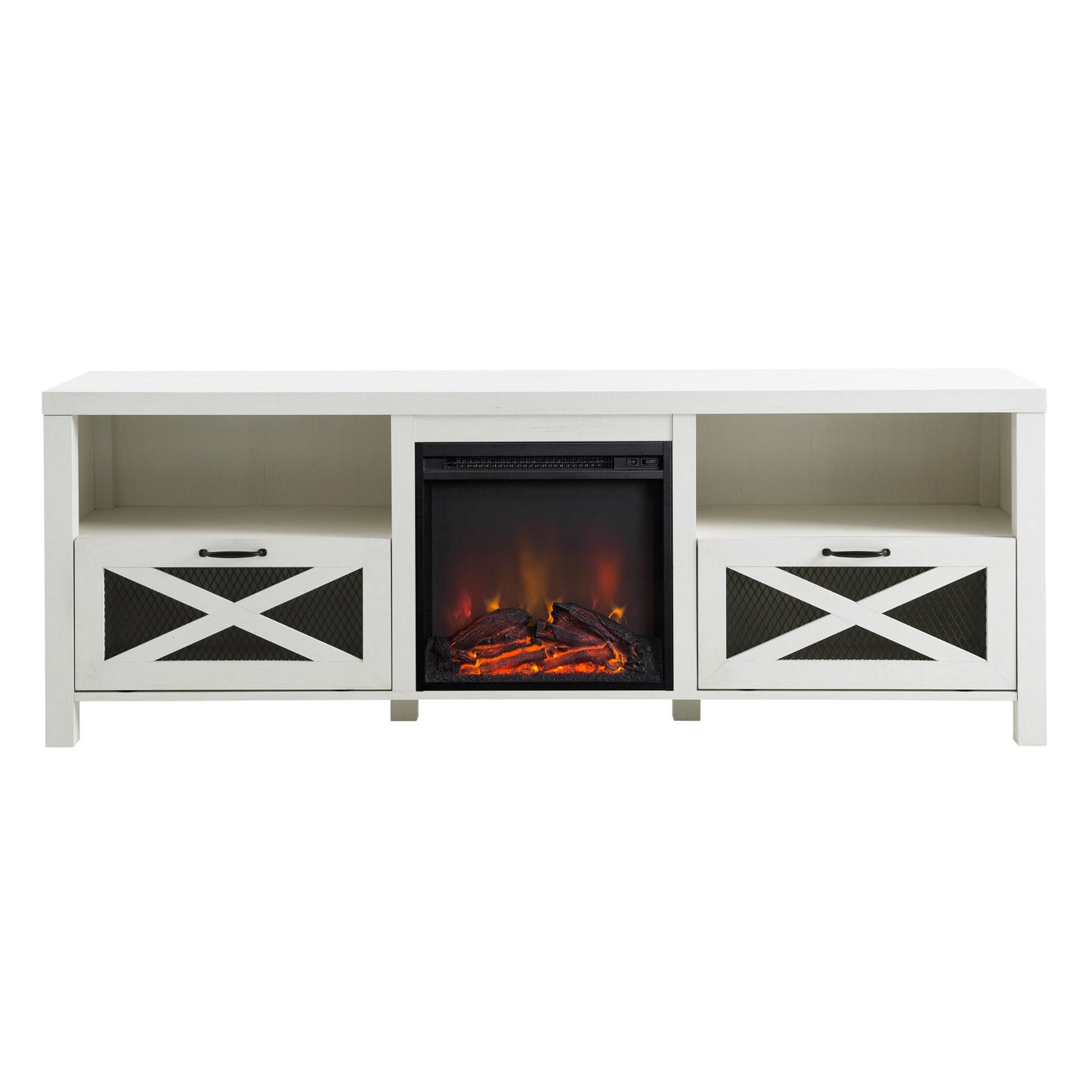 Industrial Farmhouse Metal Mesh Drop Down X Door Fireplace TV Stand Walker Edison
