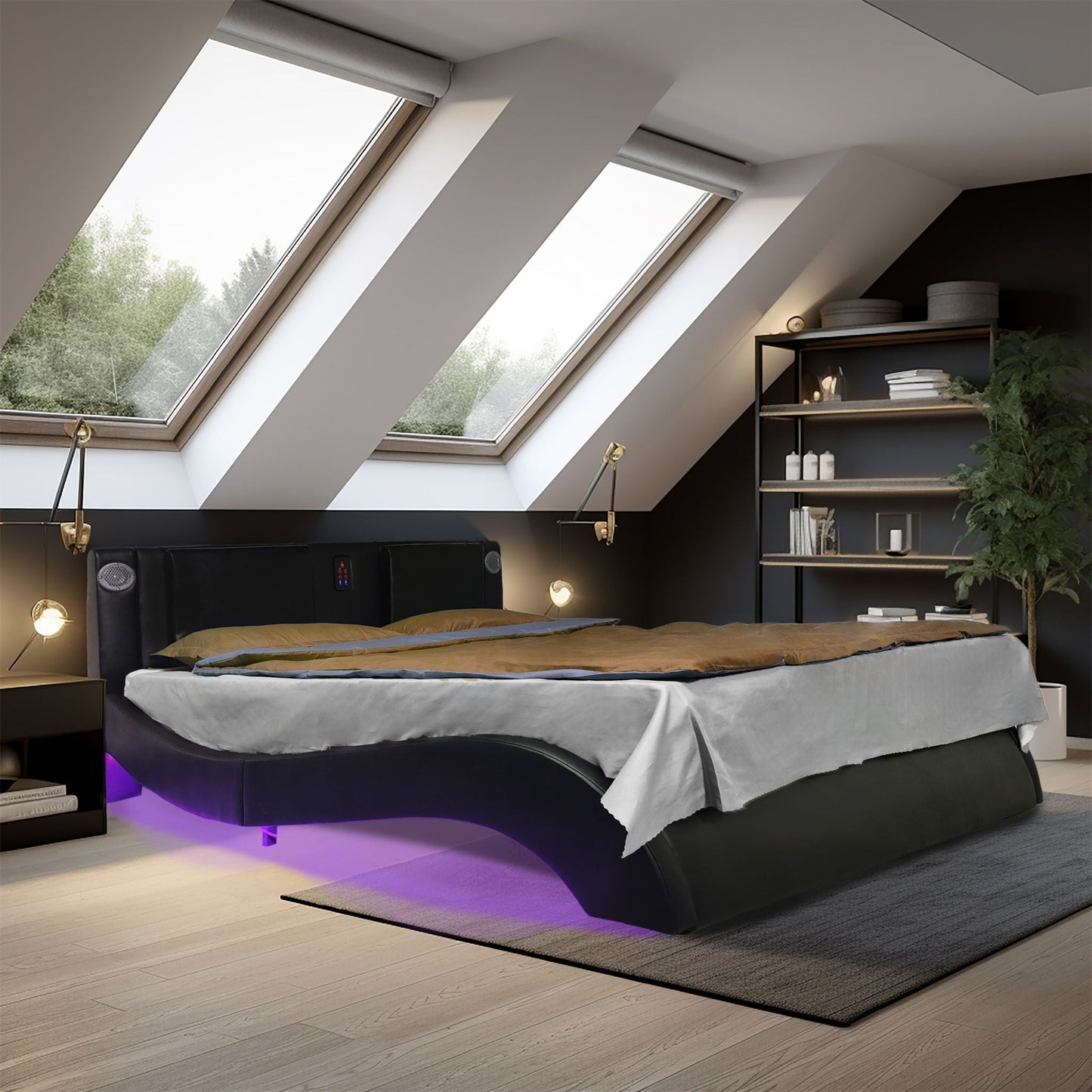 Queen Size Upholstered Platform Bed Frame With LED Lighting, Bluetooth Connection To Play Music Control, Backrest Vibration Massage, Curve Design, Wood Slat Support, Exhibited Speakers - Black Home Essentials