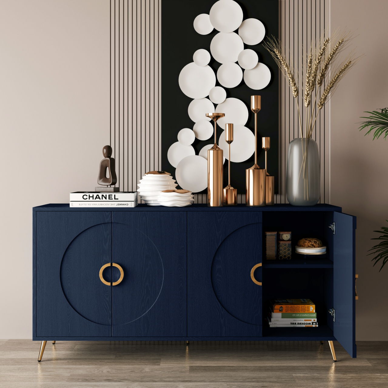 Modern Lacquered 4 Door Wooden Cabinet Sideboard Buffet Server Cabinet Storage Cabinet, For Living Room, Entryway, Hallway, Office, Kitchen And Dining Room Home Essentials
