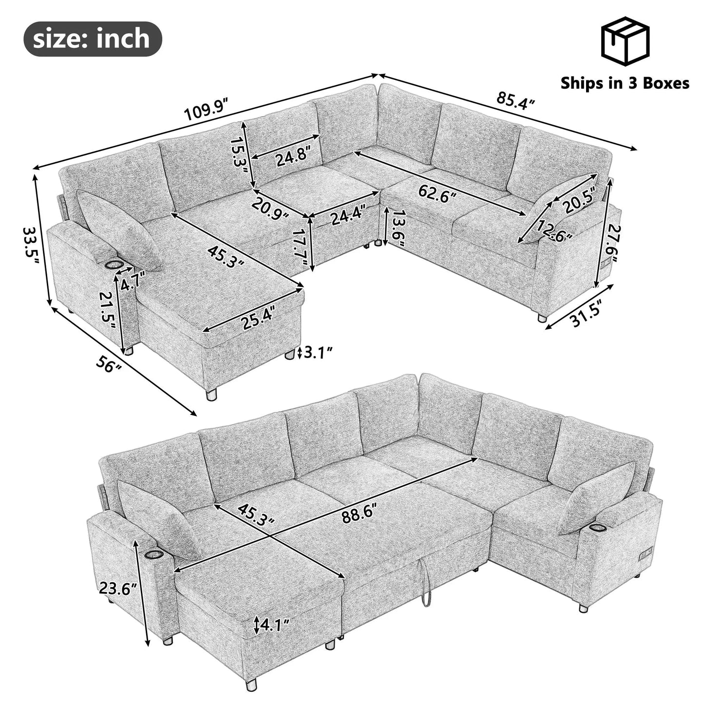 U-Shaped Sectional Sofa Bed With Storage, Charging Ports, And Cup Holders - Brown Hearth and Haven