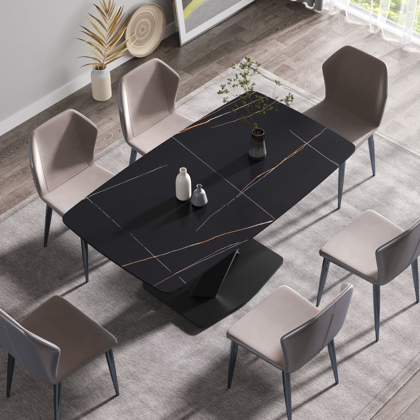 63" Artificial Stone Black Curved Black Metal Leg Dining Table - Black Home Essentials
