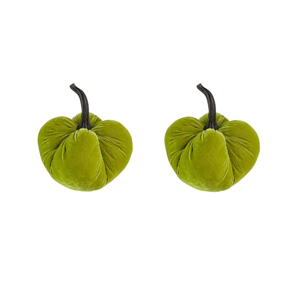Velvet Weighted Pumpkin With Resin Stem Apple, Pumpkin Ornament Decor For Holiday Harvest Festival Fall Festival & Thanksgiving (Set of 2) - Green Daily Nest