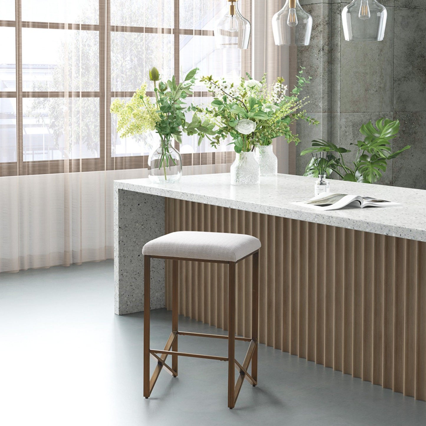 Backless Upholstered Counter Stool With Padded Seat - Ivory / Bronze JLA