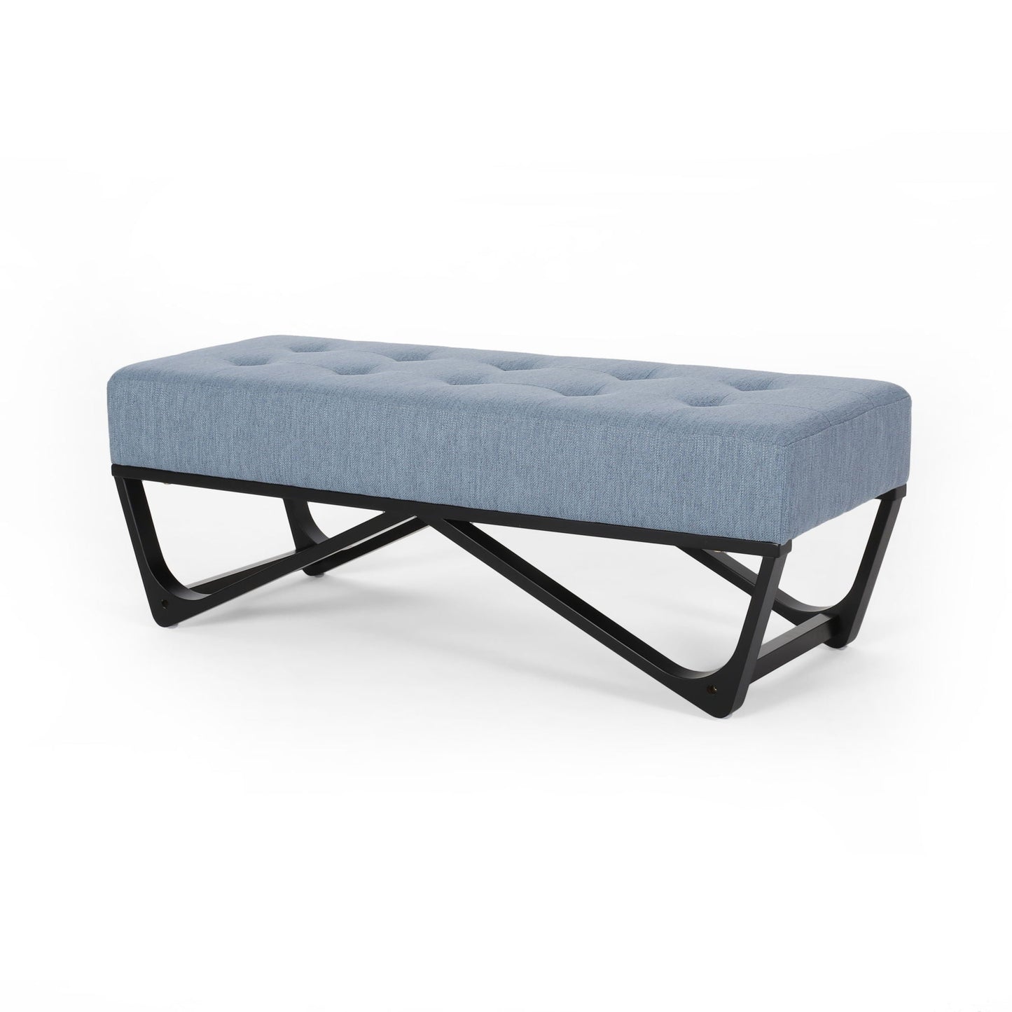 Upholstered Ottoman With Button Tufted Waffle Stitch And Black Geometric Legs - Light Blue Noble House
