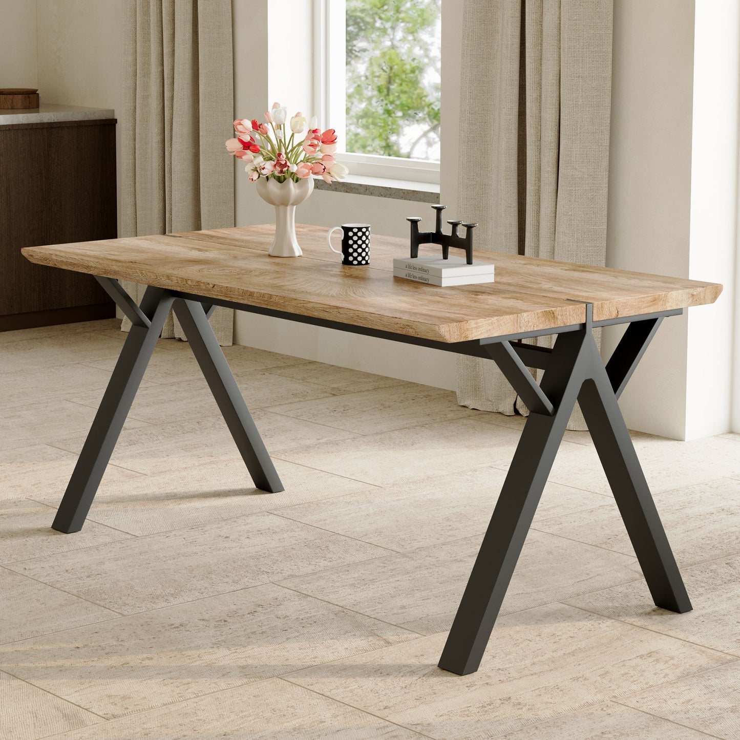 Wood Textured Dining Table With A Frame Legs.Density Board Sticker Pipe Spraying, Suitable For Various Occasions Such As Living Rooms - Black Home Essentials