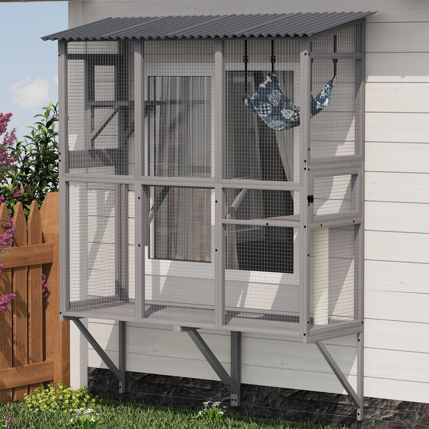 Large Walk In Outdoor Catio For Cats With Roof And 3 Access Doors - Gray Daily Nest