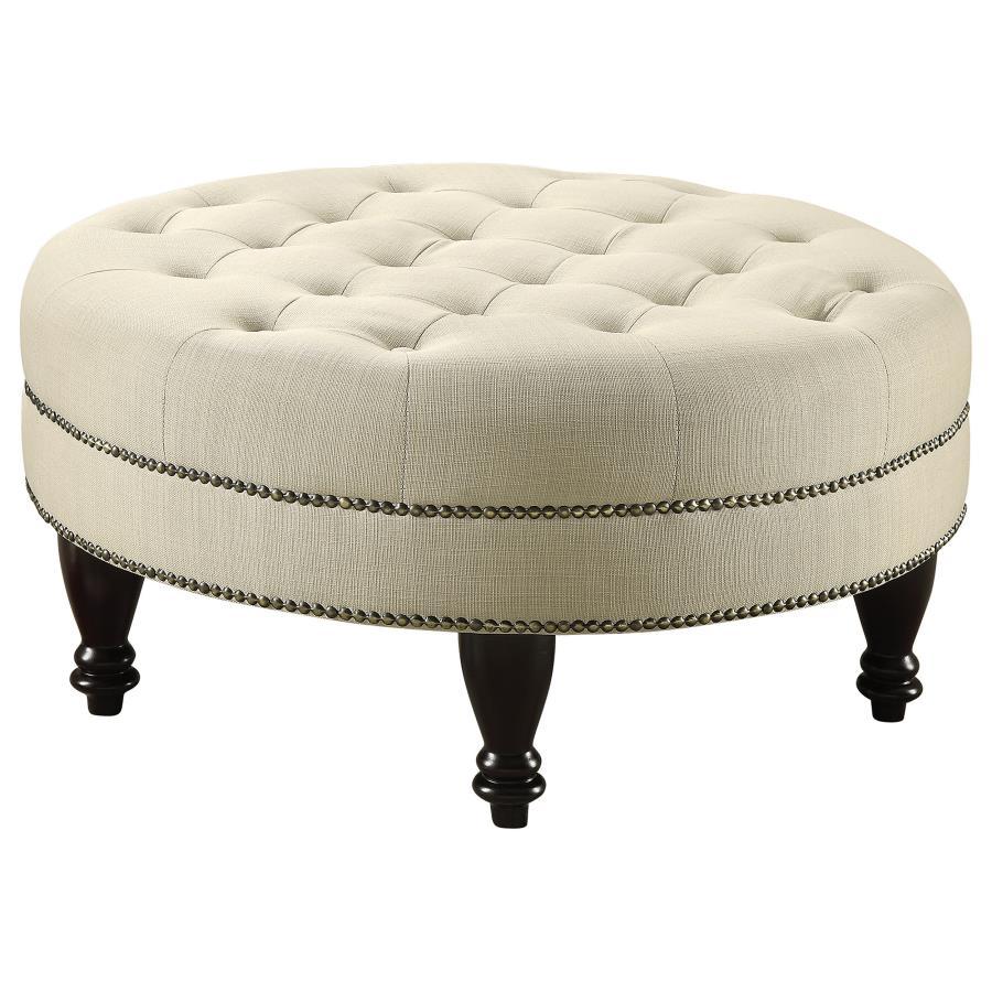 Elchin - Round Upholstered Tufted Ottoman - Oatmeal CoasterEssence