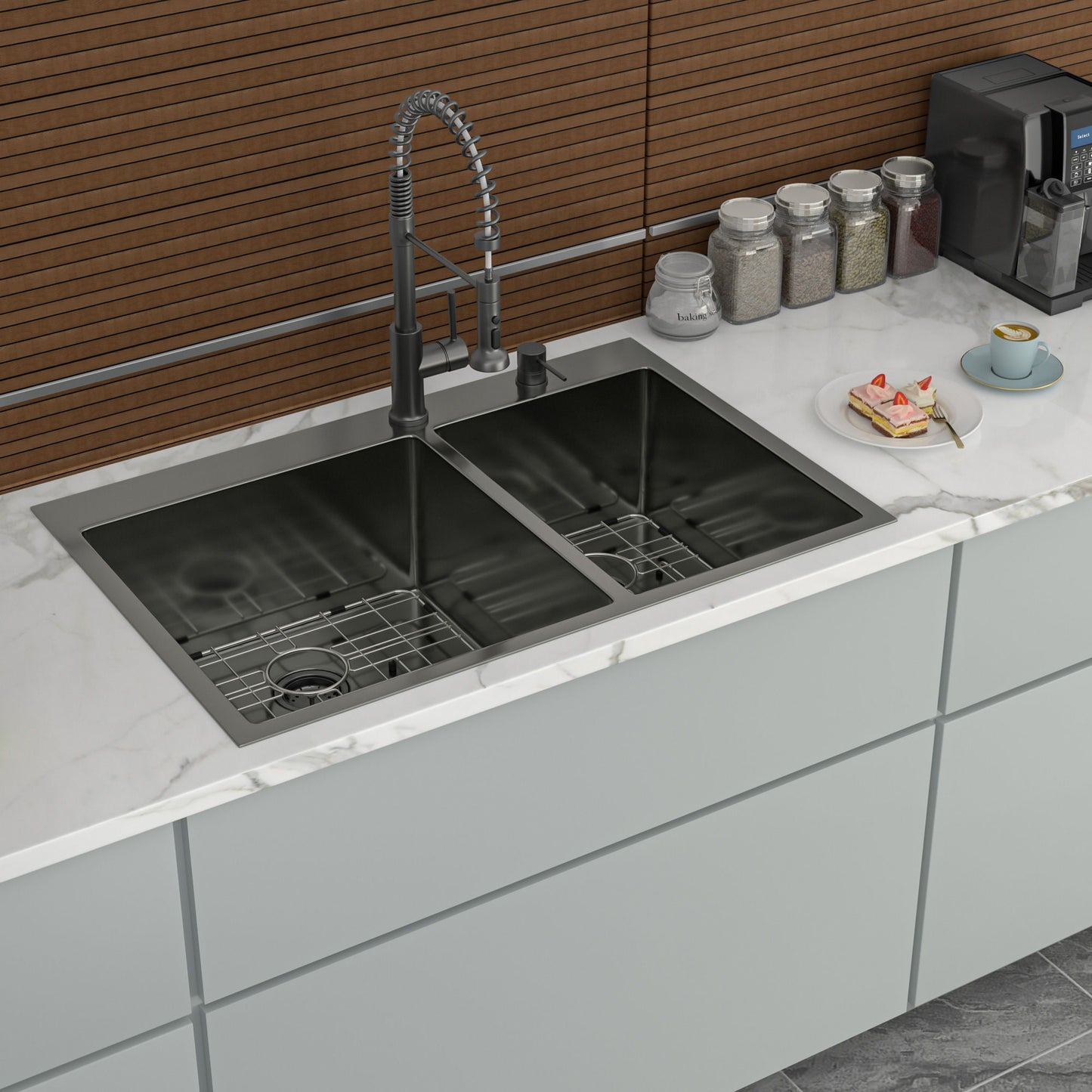 Double Bowl Kitchen Sink 16 Gauge 33" X 22" With 2 10" Deep Basins - Gunmetal Black Daily Nest