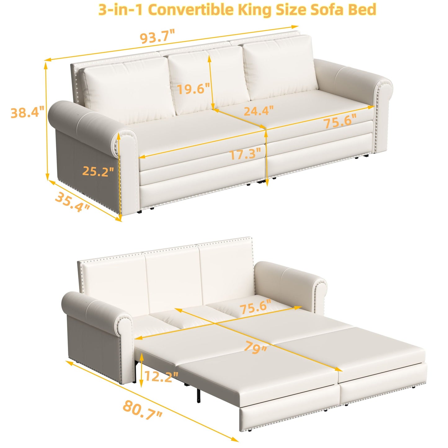 3 In 1 Convertible Sleeper Sofa With Nailhead Trim & Rolled Arm Home Essentials