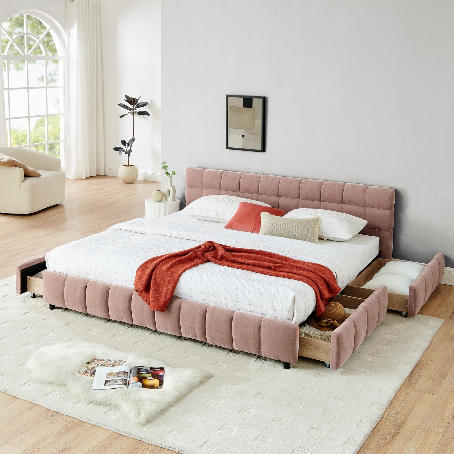 Modern Platform Bed Frame With Thick Chenille Fabric Home Essentials