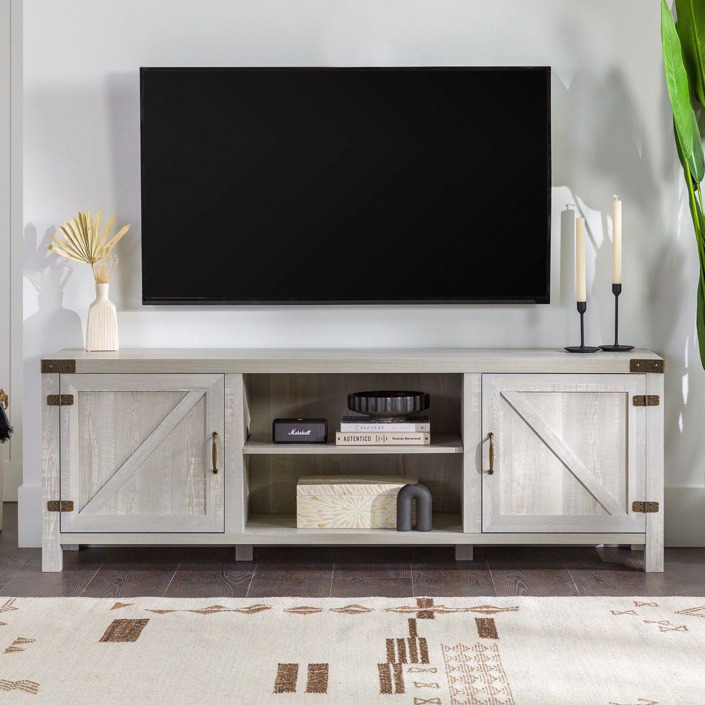 Rustic Farmhouse Double Barn Door 70" TV Stand For 80" TVs With Center Shelves Walker Edison
