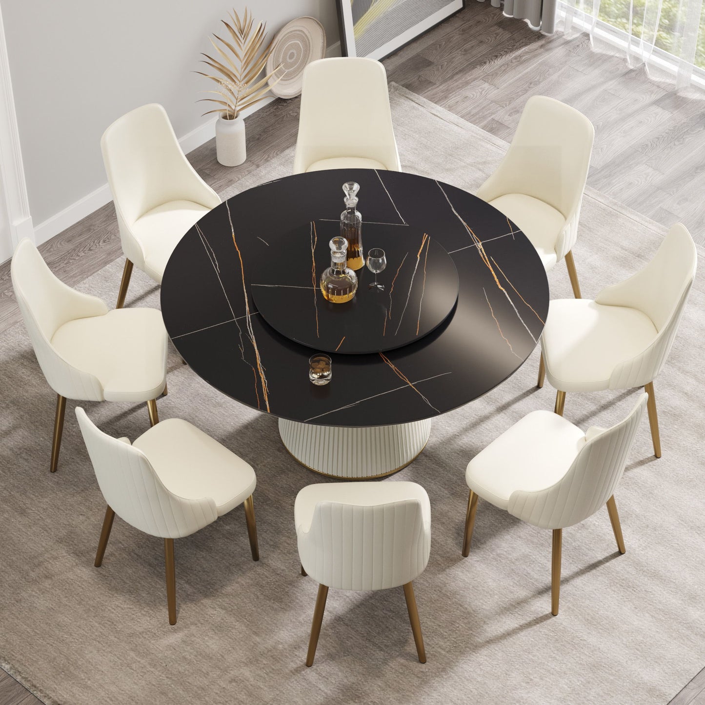 Modern Artificial Stone Round Plywood Base Dining Table, Can Accommodate 8 People Artificial Stone Turntable (Not Including Chairs) - Black / Beige Home Essentials