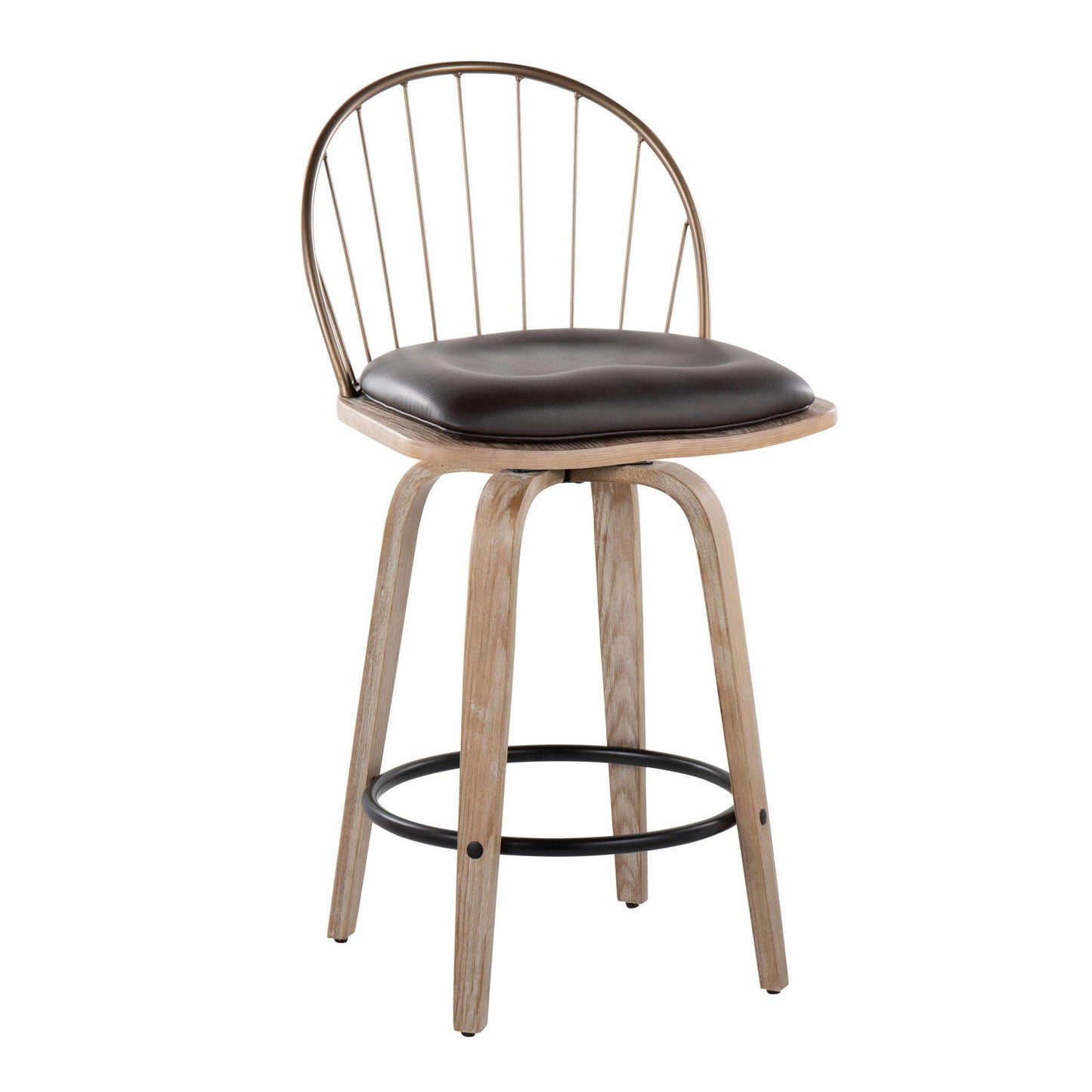 Riley - Farmhouse Fixed Height Counter Stool Round Footrest With Removable Cushion (Set of 2) - White Washed / Antique Copper / Brown Lumi Source